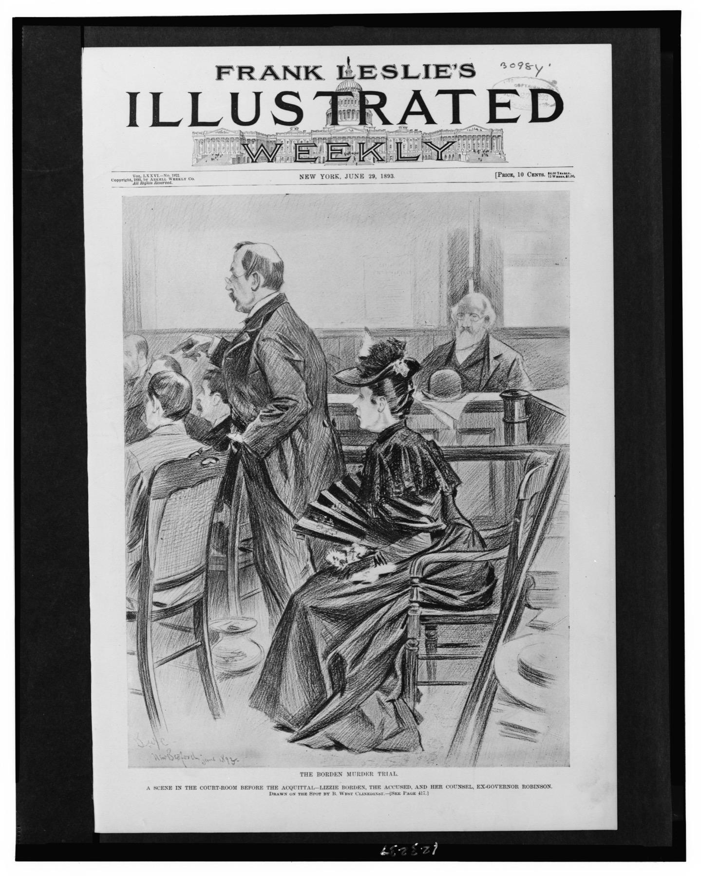 Sketch of the New Bedford courtroom during the 1893 Borden trial, drawn on the spot by B. West Clinedinst